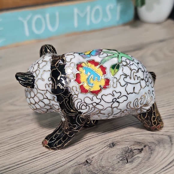 Elegant Cloisonné Panda Figurine - Black, White, Gold - Picture 3 of 6